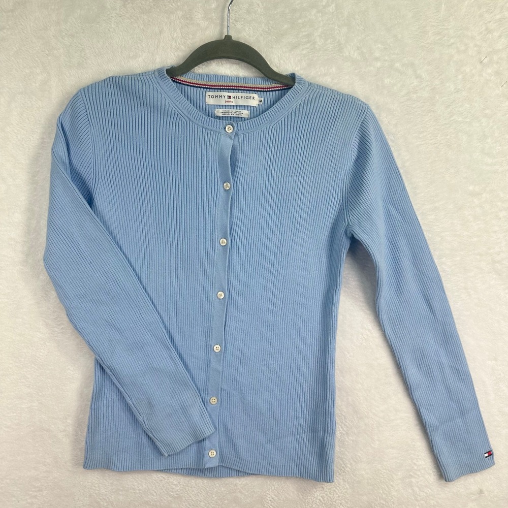 Tommy Hilfiger Cardigan Women M Blue Ribbed Knit Button Up Long Sleeve Cotton